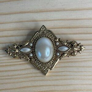 Vintage Victorian-Style Brooch With Faux Pearl & Filigree Details Gold Tone